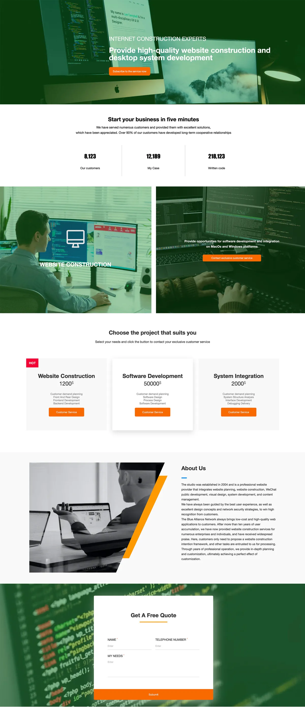 Construction and software company website — full page design